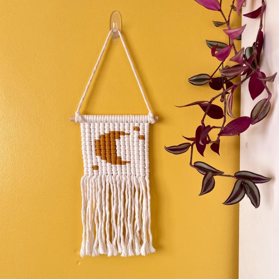 Macramé moon wall hanging, boho home decor, colourful textile wall art
