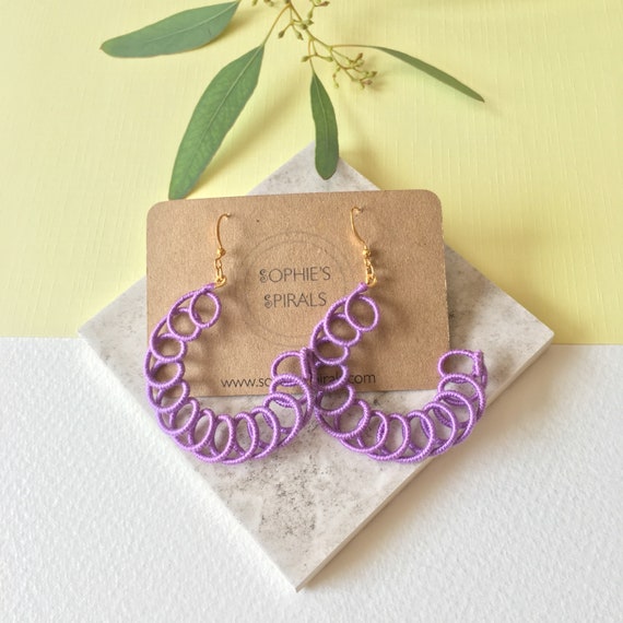 Lilac hoop shaped dangle earrings, handmade statement earrings, contemporary textile jewellery