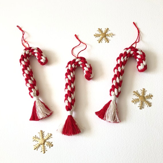 Handmade Macrame Candy Cane Christmas Ornament, Red & Gold