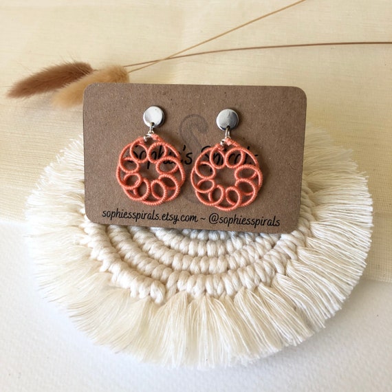 Small circular dangle earrings, handmade salmon pink coloured earrings