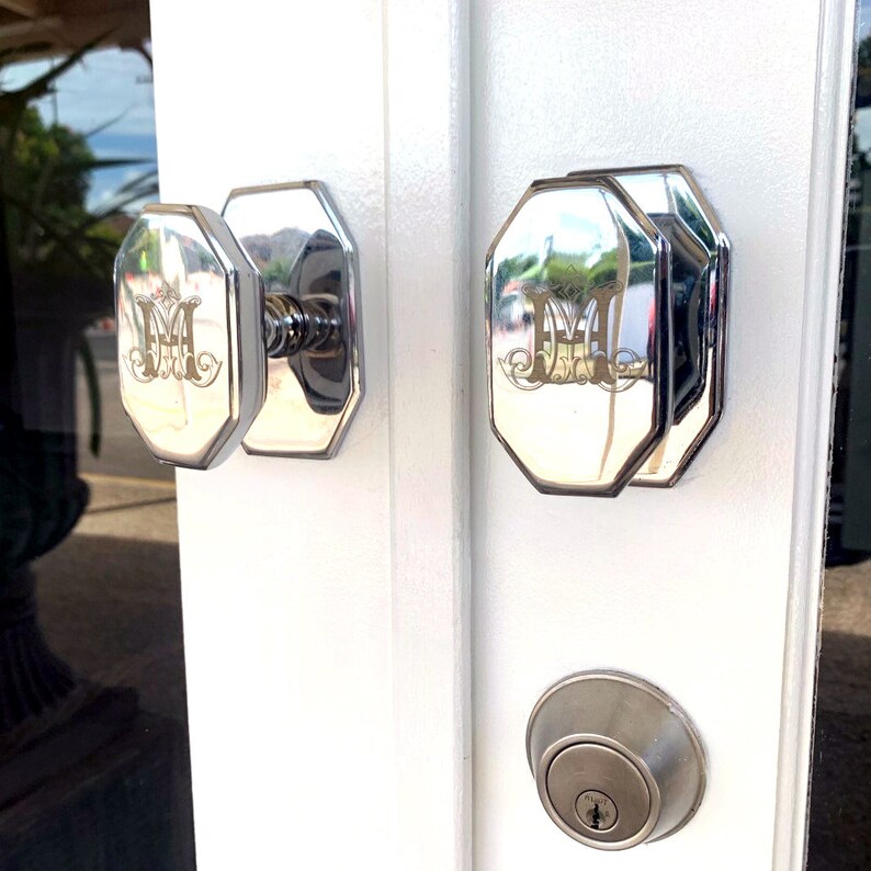 Art Deco Delf Door Knob Custom Engraved Polished Brass Perfect for