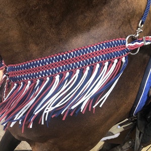 Wide breast collar with fringe, breast collar, patriotic breast collar, horse tack, braided breast collar, nylon breast collar,