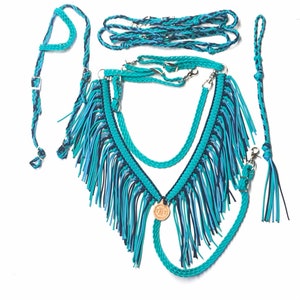 Horse tack set green turquoise, neon turquoise, and midnight blue....fringe tack set
