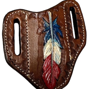 leather Pancake pocket knife sheath handtooled and hand painted feathers red white and blue
