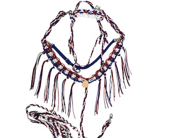 Macrame beaded Paracord breast collar with wither strap, browband headstall, and barrel reins red white and blue patriotic