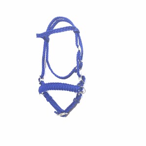 May include: A blue braided rope horse halter with silver hardware.
