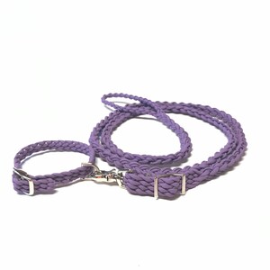 May include: A purple braided dog collar and leash set. The collar and leash are made of a soft, flexible material and have silver metal hardware.