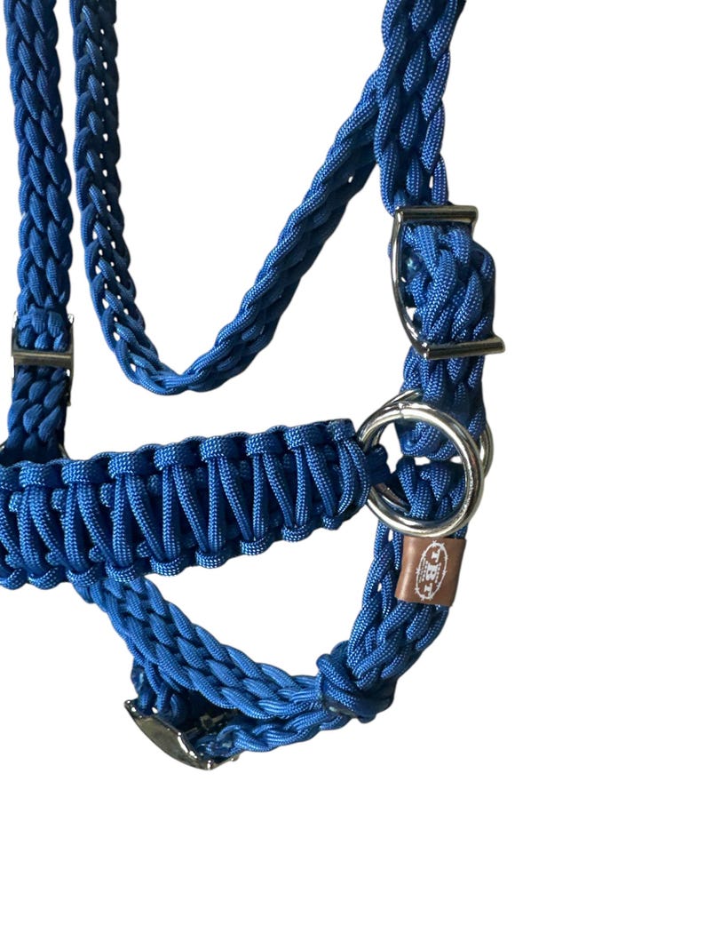 May include: A blue braided rope halter with silver hardware and a brown leather tag with the text "HKM" on it.
