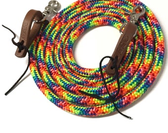 rope reins, rainbow yacht rope reins, tie dye horse tack
