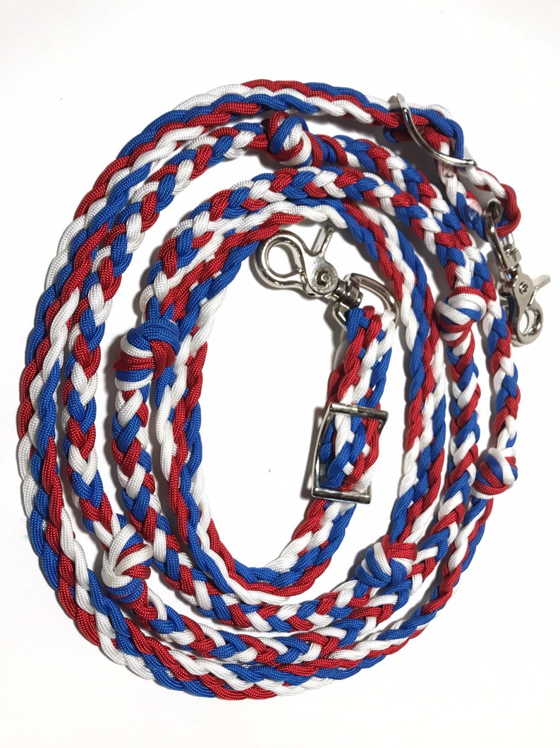red white and blue barrel reins with grip knots