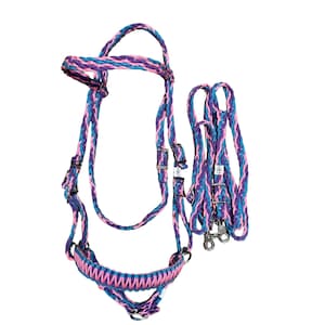 horse bitless bridle with side pull hackamore attachment and flat Paracord reins.... custom colors available
