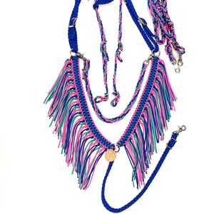 Paracord fringe tack set, Fringe breast collar, paracord horse tack in electric blue green turquoise and hot pink