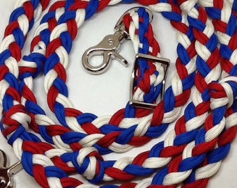 Barrel reins, reins, red white and blue, patriotic tack, horse tack, grip knots, western tack