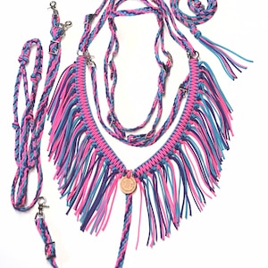 Horse tack set turquoise , purple and hot pink fringe breast collar braided Paracord tack