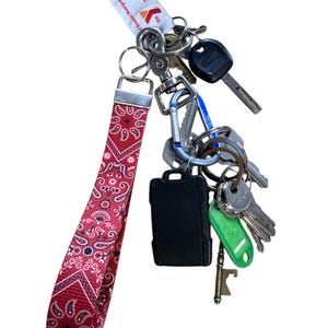 May include: Red and white paisley patterned key chain with a silver key ring and multiple keys attached. The keys include a black car key, a green key fob, and several silver keys.