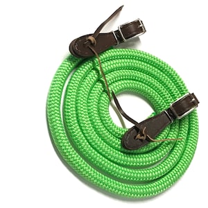 Yacht rope reins, 5/8&quot; rope reins,  neon lime  green rein with brown buckle slobber strap
