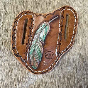 leather Pancake pocket knife sheath handtooled and hand painted feathers