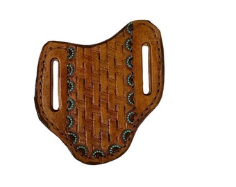 leather Pancake pocket knife sheath handtooled basket weave with a touch of color