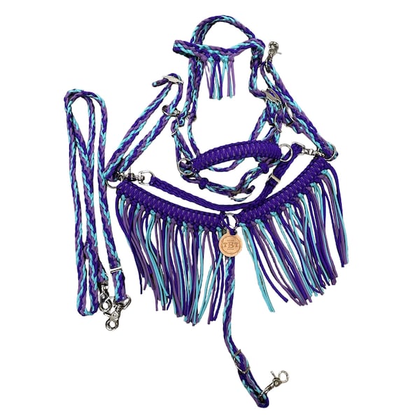 pony fringe tack set purple, lilac, and turquoise with a bitless bridle