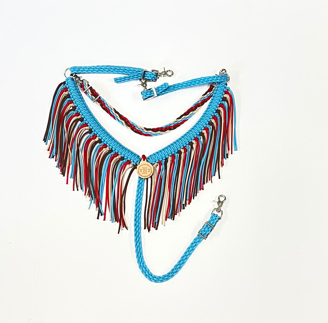 Fringe Breast Collar Paracord Tack Set in Turquoise / Breast Collar, Headstall, and Barrel Reins