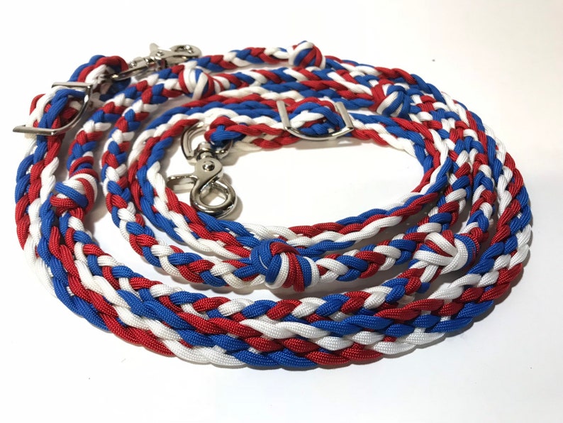 red white and blue barrel reins with grip knots