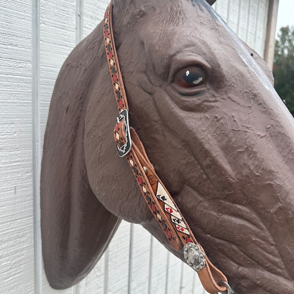 Four aces split one ear  leather Headstall hand tooled and painted