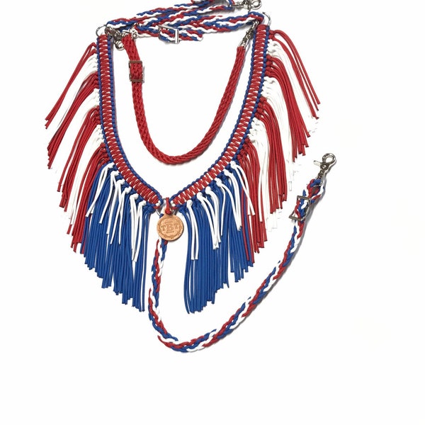 horse tack, Patriotic fringe breast collar,  red white and blue horse tack, breast collar, fringe breast collar, patriotic horse tack,