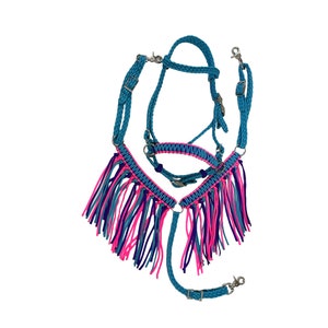 Pony fringe Breast Collar and bitless bridle in small pony size neon turquoise with purple and pink