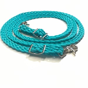 teal Paracord loop rein with clips braided in a flat braid for horses