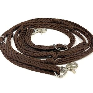 dark brown barrel reins with grip knots