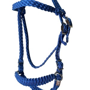 May include: A blue braided rope horse halter with silver buckles and a silver ring. The halter has a brown leather tag with the word "GOGO" on it.