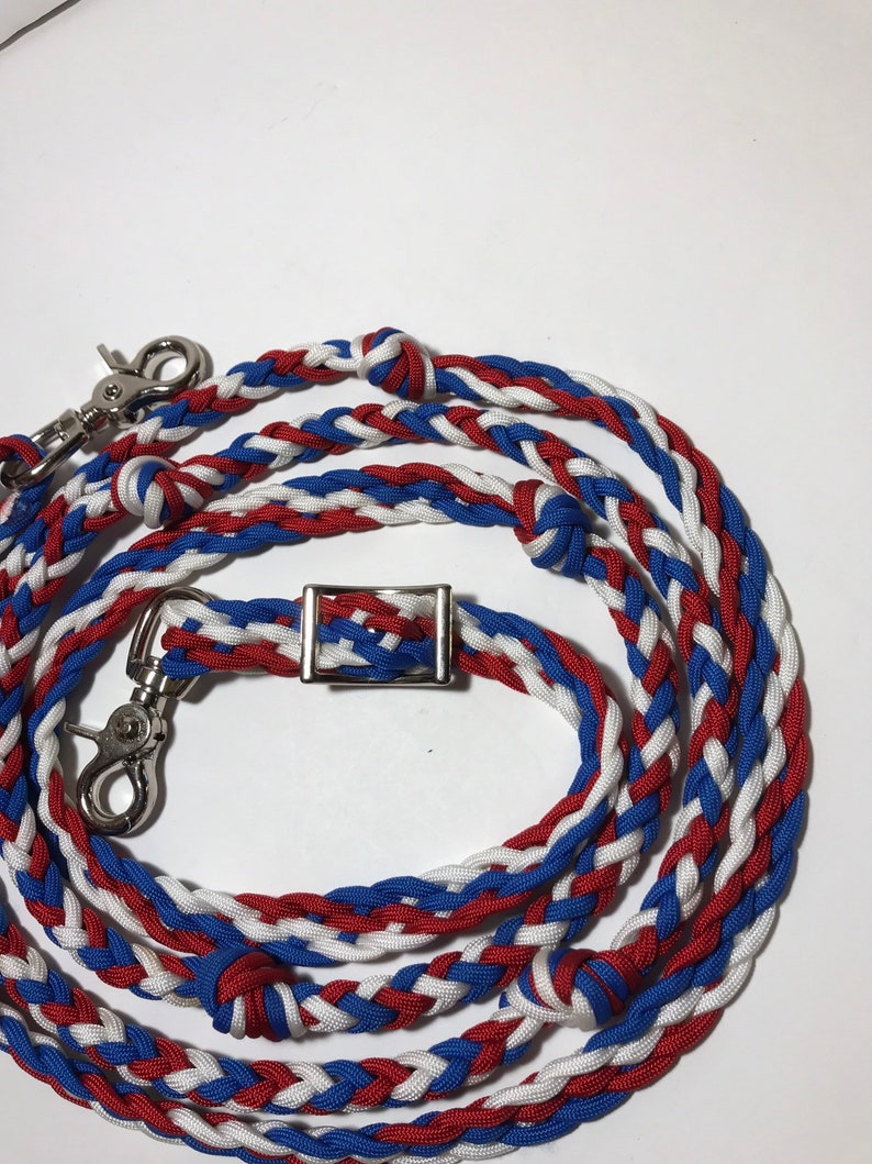 red white and blue barrel reins with grip knots