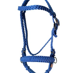May include: A blue braided rope horse halter with silver hardware.