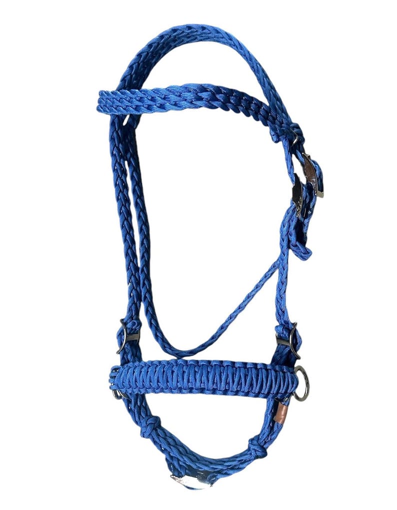 May include: A blue braided rope horse halter with silver hardware.
