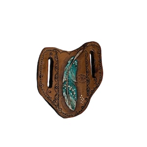 Pancake sheath for pocket knife handtooled and hand painted feathers