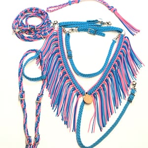 Horse tack set turquoise , blue and hot pink fringe breast collar braided Paracord tack