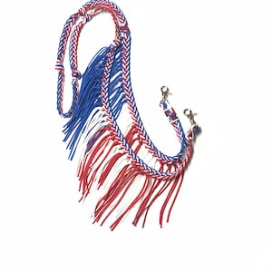 reins with fringe, wide reins, Fringe reins, horse tack, barrel reins, reins, fringe barrel reins, red white and blue, fringe horse tack,