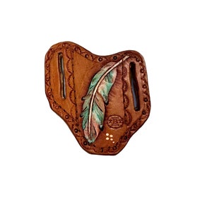 leather Pancake pocket knife sheath handtooled and hand painted feathers