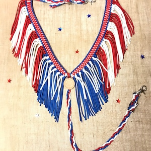 horse tack, Patriotic fringe breast collar,  red white and blue horse tack, breast collar, fringe breast collar, patriotic horse tack,