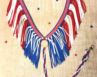 horse tack, Patriotic fringe breast collar,  red white and blue horse tack, breast collar, fringe breast collar, patriotic horse tack,