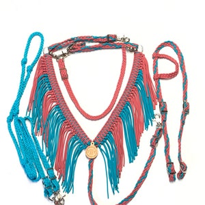 Paracord fringe tack set, Fringe breast collar, paracord horse tack, Rasberry and Teal horse Tack set