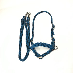 May include: A blue and black braided horse halter and reins set. The halter has a metal buckle and a ring on the side. The reins are attached to the halter with two metal snaps.