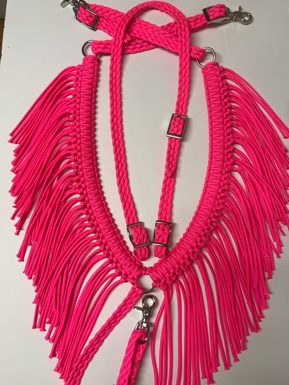 turquoise blue and hot pink horse tack horse tack Fringe breast collar paracord breast collar paracord tack barrel racer braided tack