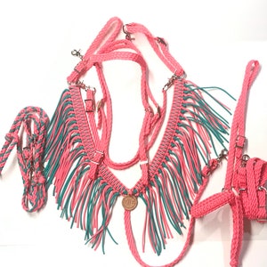 Horse tack set  Salmon pink and green turquoise fringe