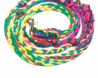 tie dye  barrel reins with grip knots, rainbow barrel racing rein, western,  braided reins, paracord rein