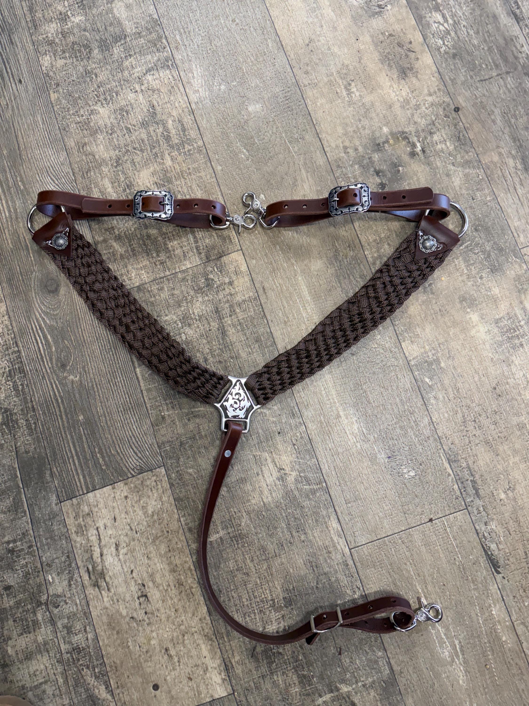 mule tape breast collar with added leather, Jeremiah Watt hardware, and conchos