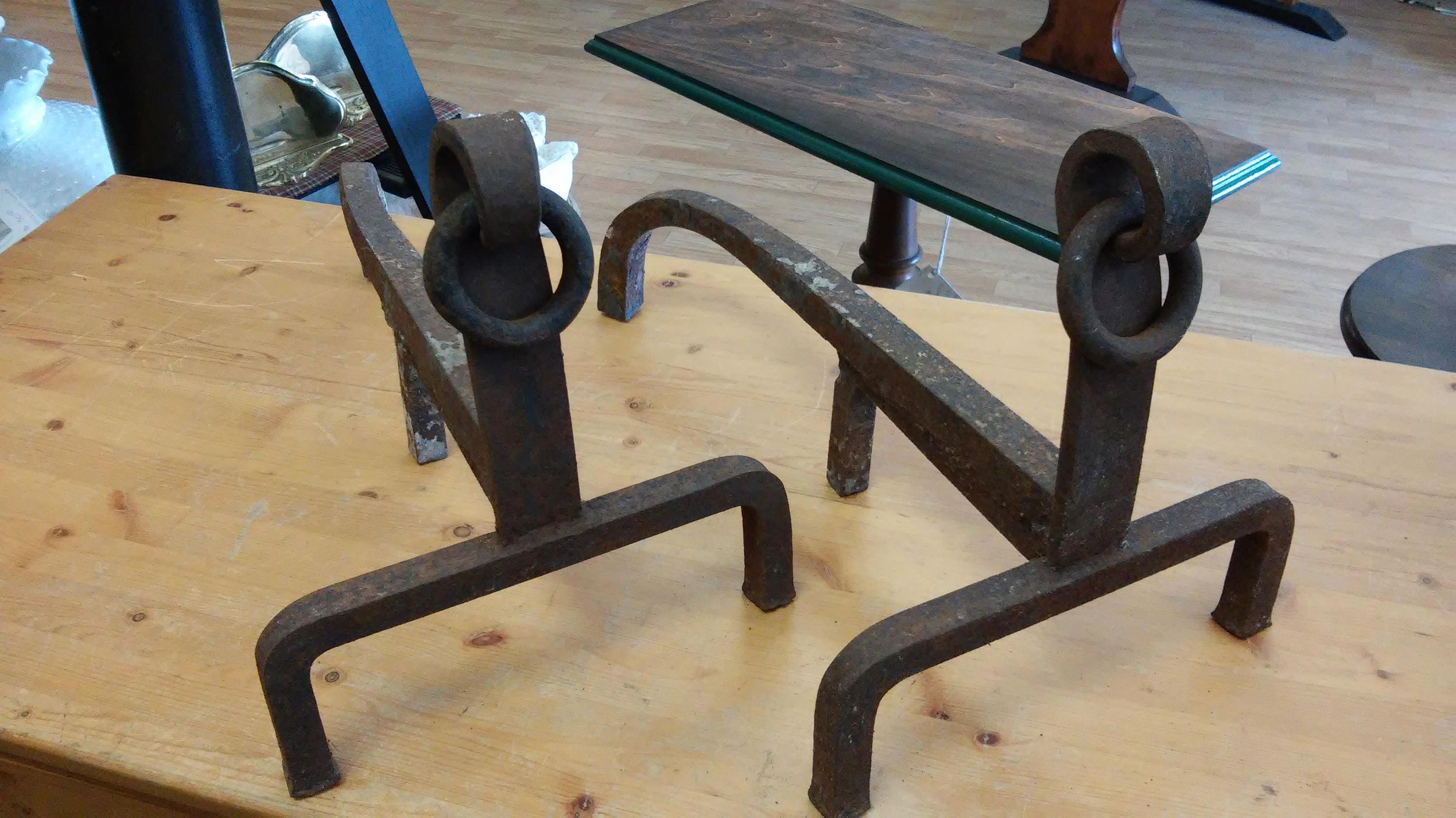 Unique 1920 S Hand Forged Antique Iron Fireplace Log Andirons Fire