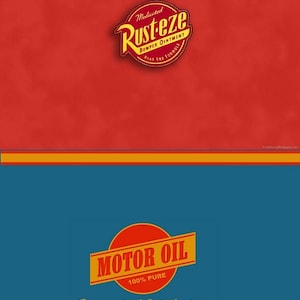 May include: A red and yellow vintage-style logo for Rust-eze Bumper Ointment, a product for cars. Below is a blue background with a red and yellow logo for Motor Oil, 100% Pure, with the text "Guaranteed Satisfaction" in yellow.