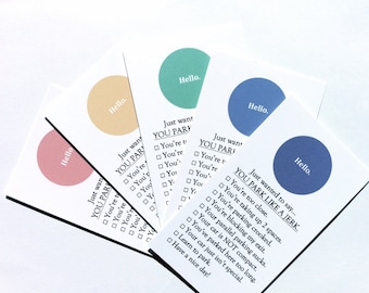 You park like a jerk cards - YOU PICK COLORS - bad parking windshield notes - 20 cards