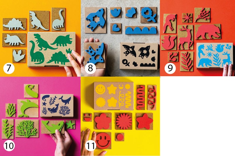 May include: Assortment of ten boxes of colourful rubber stamps. Each box contains a variety of stamps with different themes, including dinosaurs, birds, flowers, ocean life, and stars.
